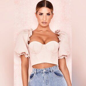 House of CB 'Federica' Blush Cropped Corseted Puff Sleeve Top